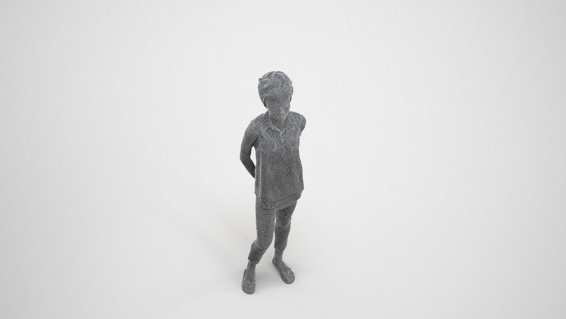 3D human model woman casual standing, photogrammetry scanned person for archviz, wireframe three-quarter view