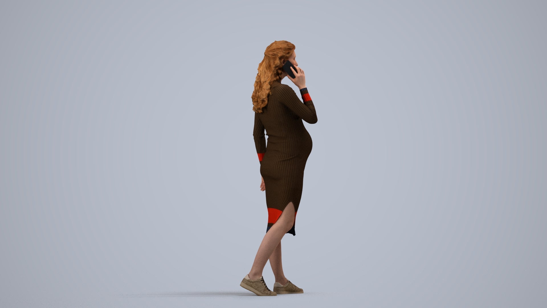 3D human model woman casual walking, photogrammetry scanned person for archviz, side view render
