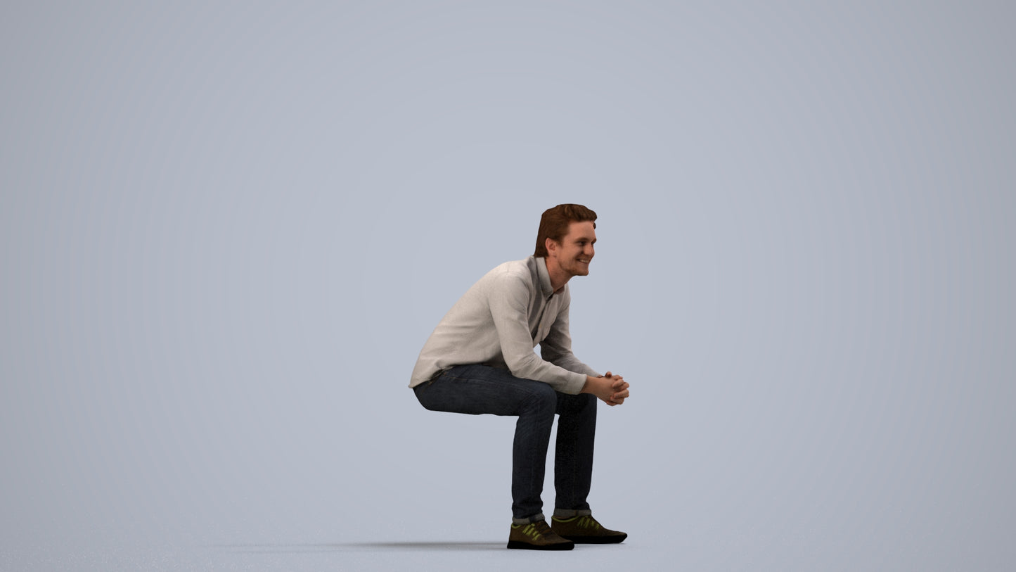 photogrammetry 3D man casual sitting, realistic human model archviz FBX, side view render