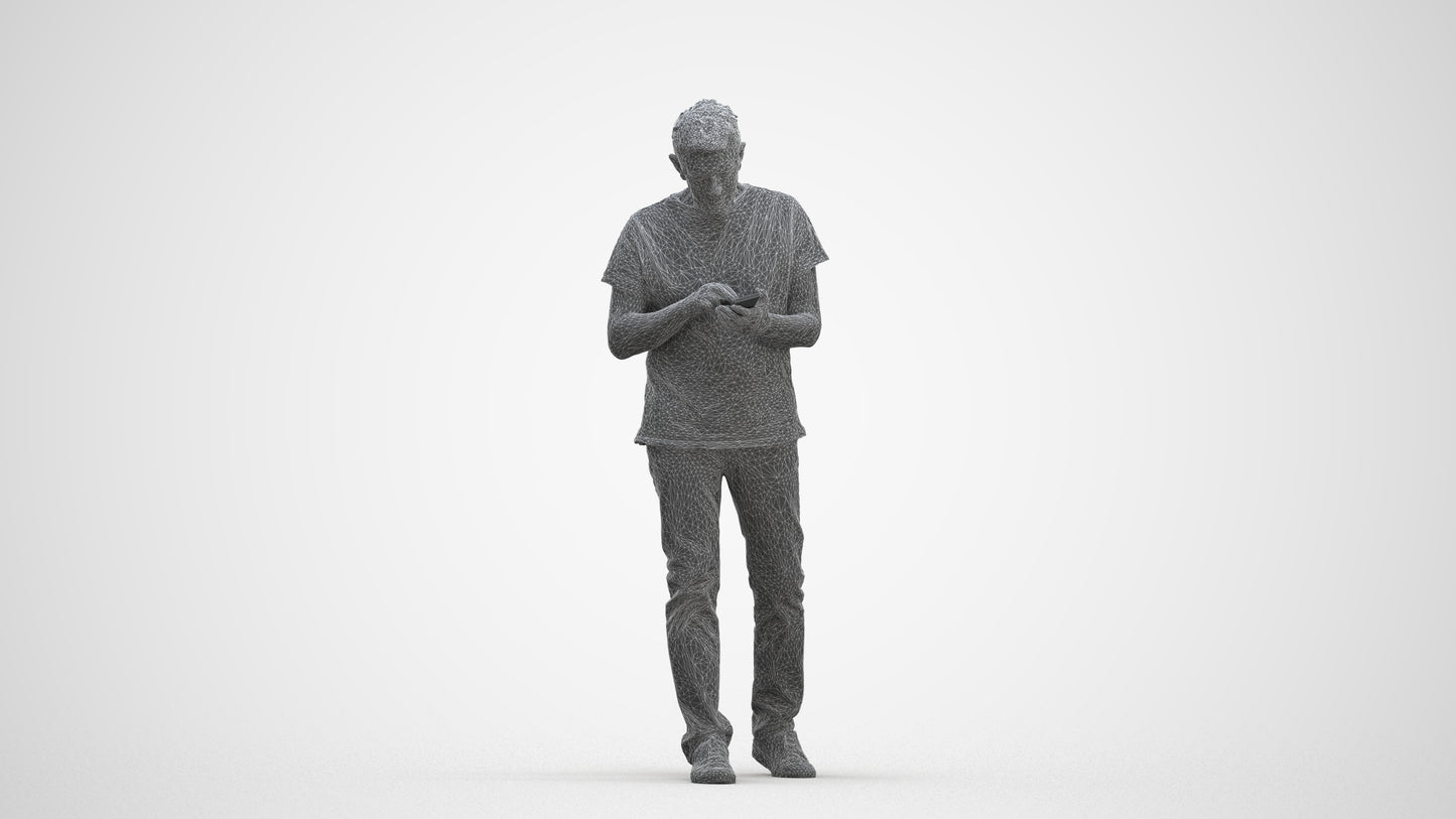 photogrammetry 3D senior man casual walking, realistic human model archviz FBX, three-quarter front view render
