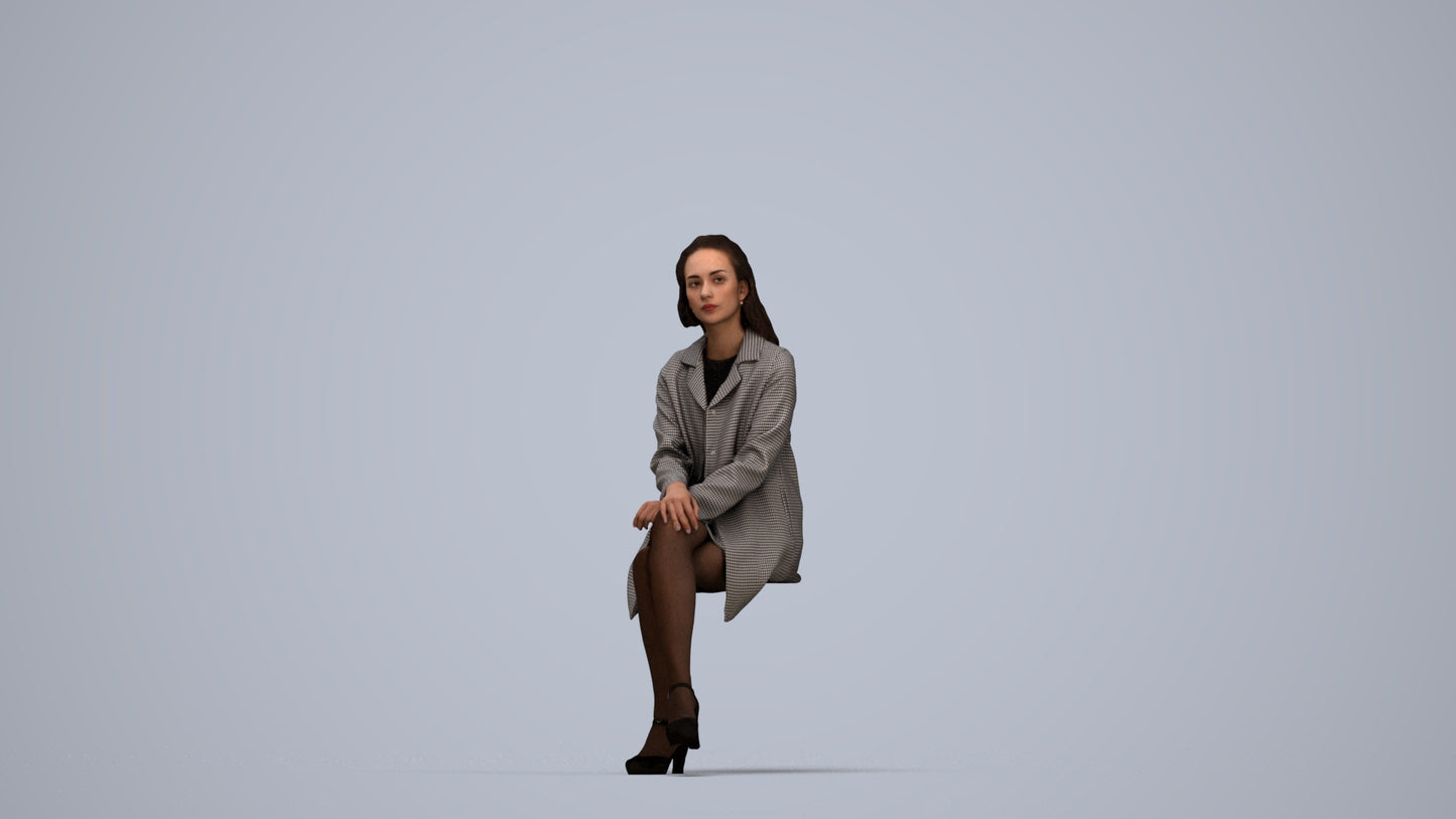 photogrammetry 3D woman business sitting, realistic human model archviz FBX, top-down view render