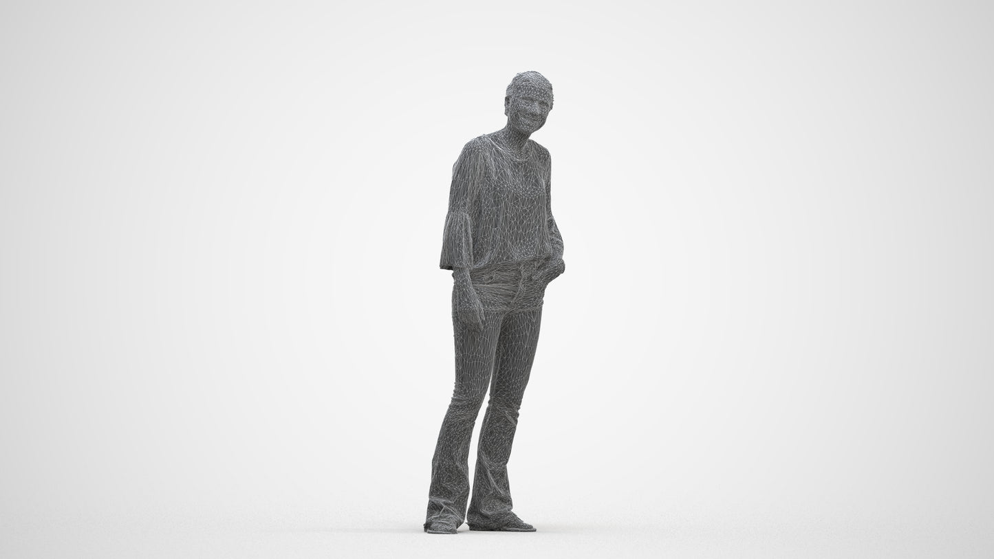 realistic 3D human woman casual standing, archviz people FBX OBJ for Blender, three-quarter front view render