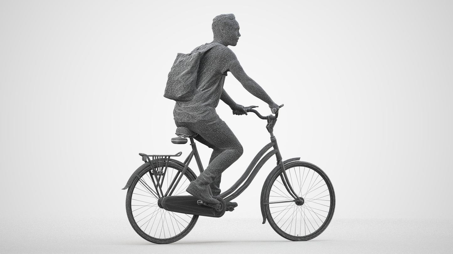 realistic 3D human man casual cycling, archviz people FBX OBJ for Blender, wireframe side view