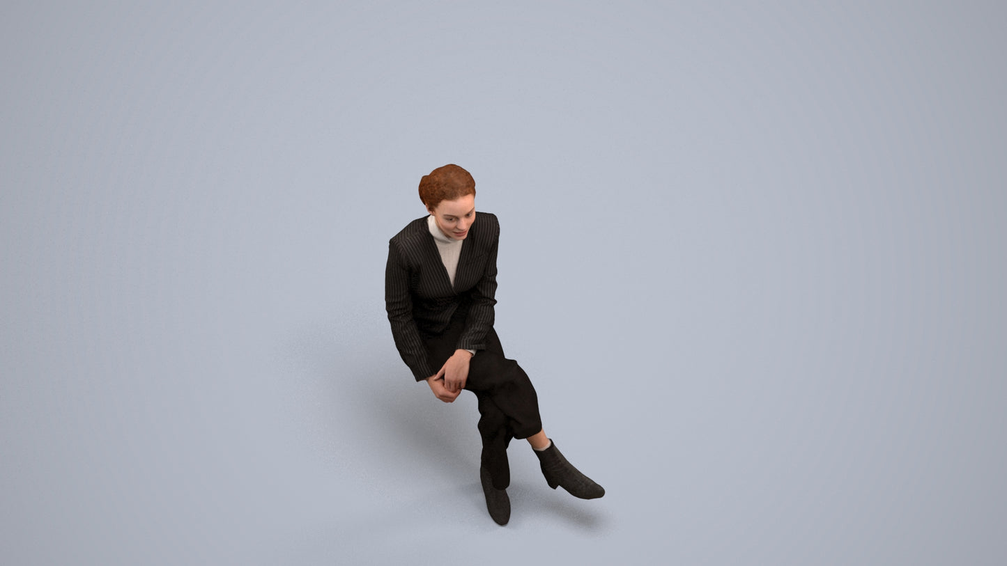 3D human model woman business, photogrammetry scanned person for archviz, back view render