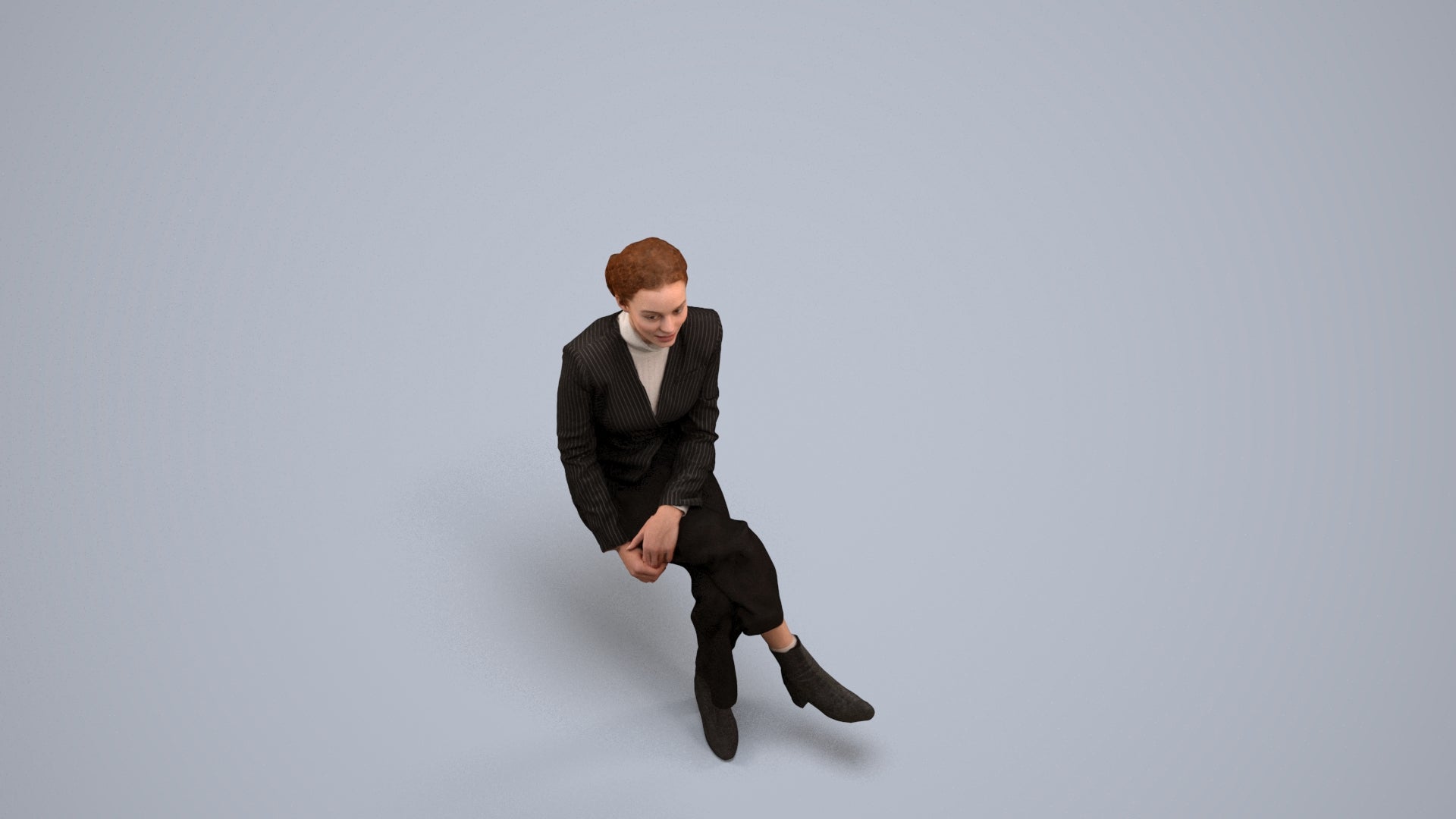 3D human model woman business, photogrammetry scanned person for archviz, back view render