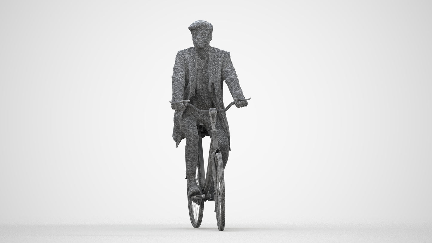 3D scanned man cycling business, photorealistic archviz people for Enscape and SketchUp, wireframe back view