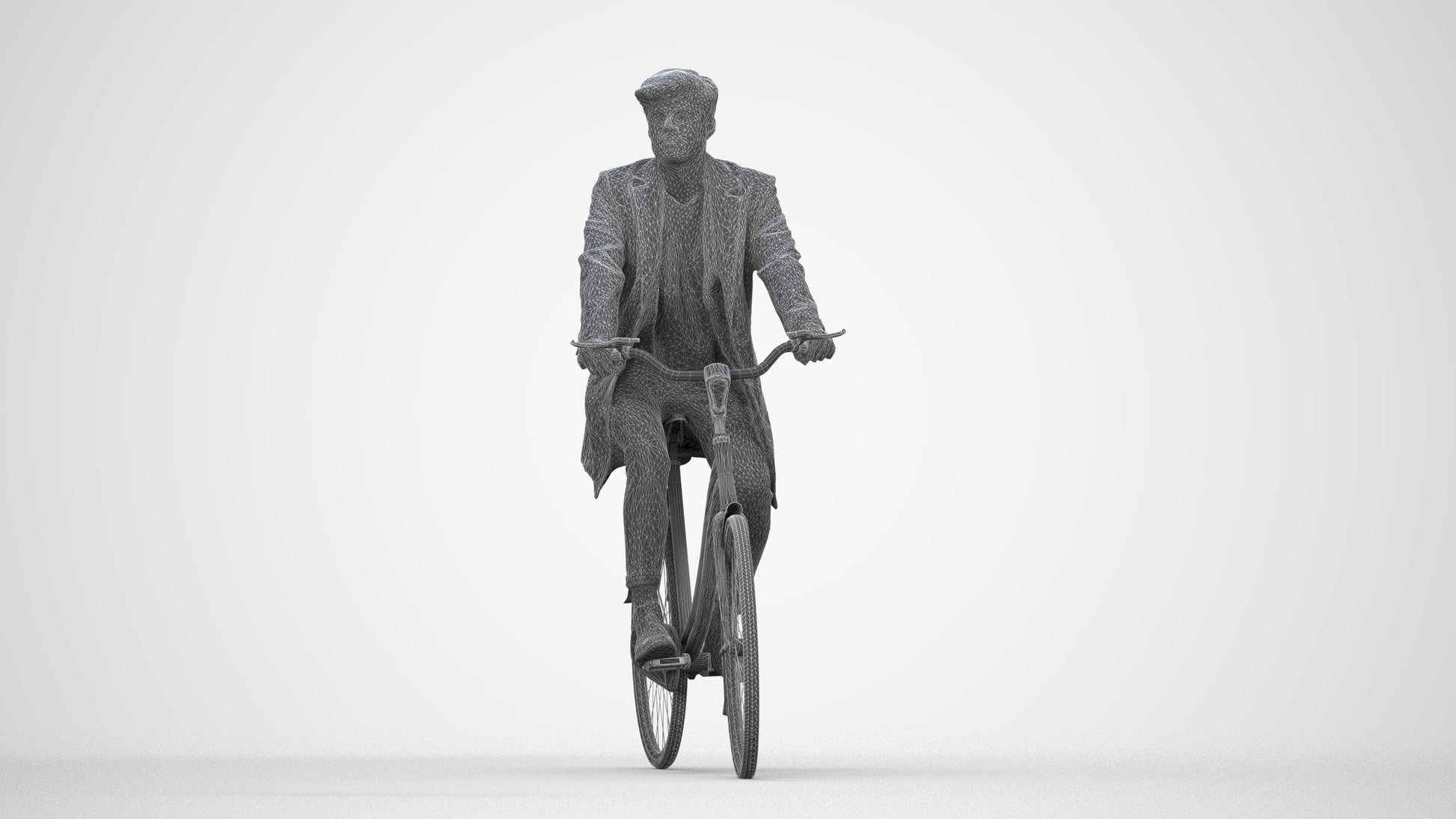 3D scanned man cycling business, photorealistic archviz people for Enscape and SketchUp, wireframe back view