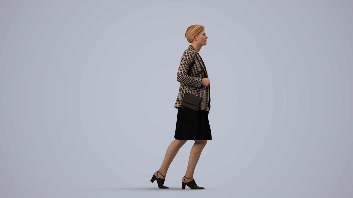 photogrammetry 3D woman business walking, realistic human model archviz FBX, side view render