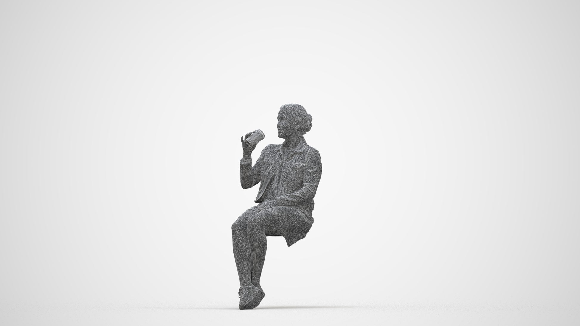 scanned 3D woman casual sitting, photogrammetry people for Enscape and V-Ray, wireframe back view