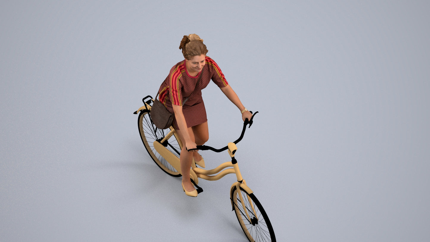 realistic 3D woman casual cycling, scanned archviz people for Blender and 3ds Max, back view render