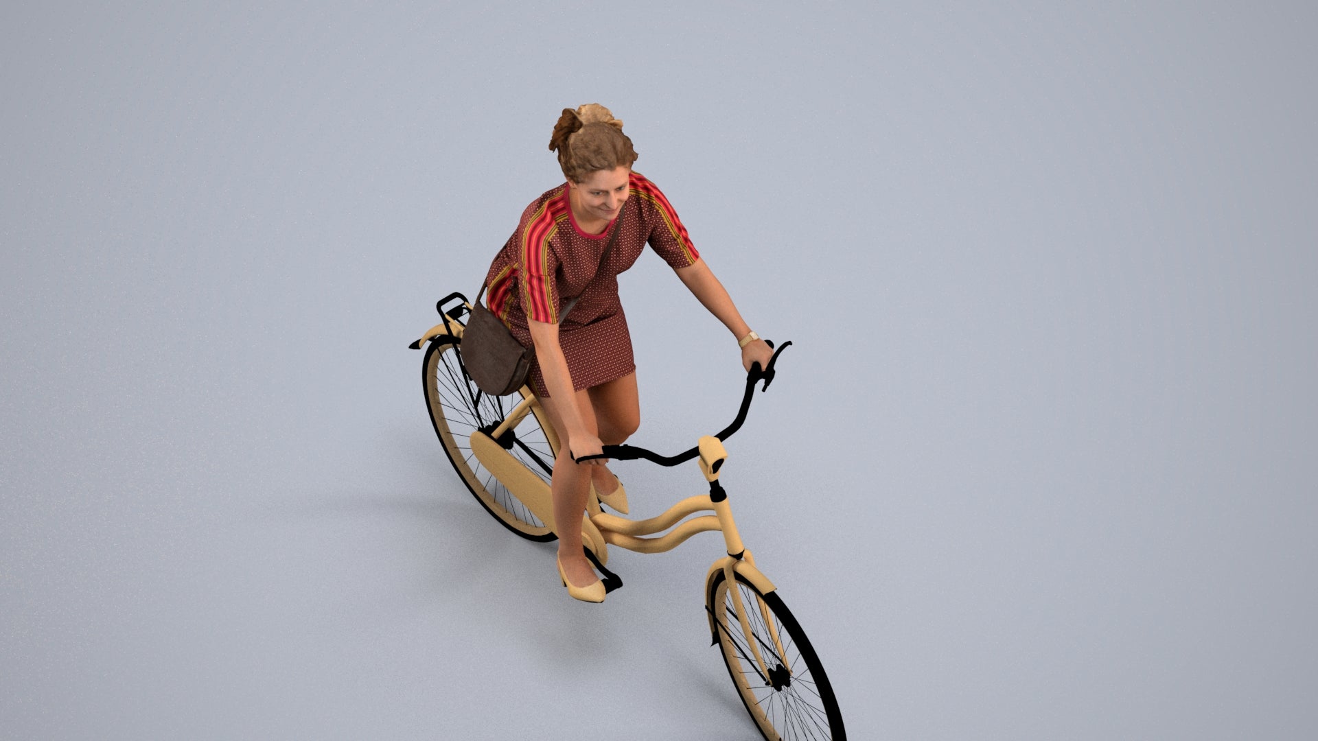 realistic 3D woman casual cycling, scanned archviz people for Blender and 3ds Max, back view render