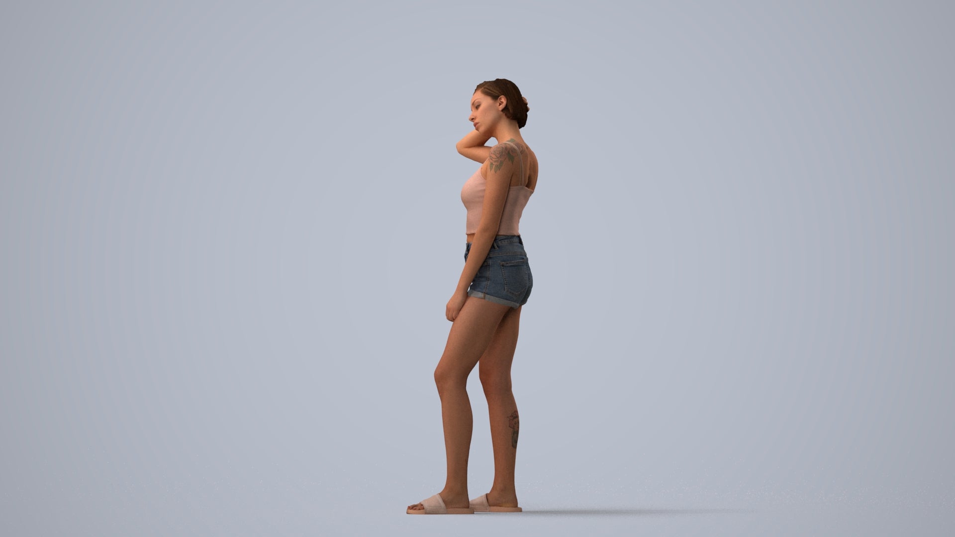 realistic 3D woman casual standing, scanned archviz people for Blender and 3ds Max, three-quarter view render