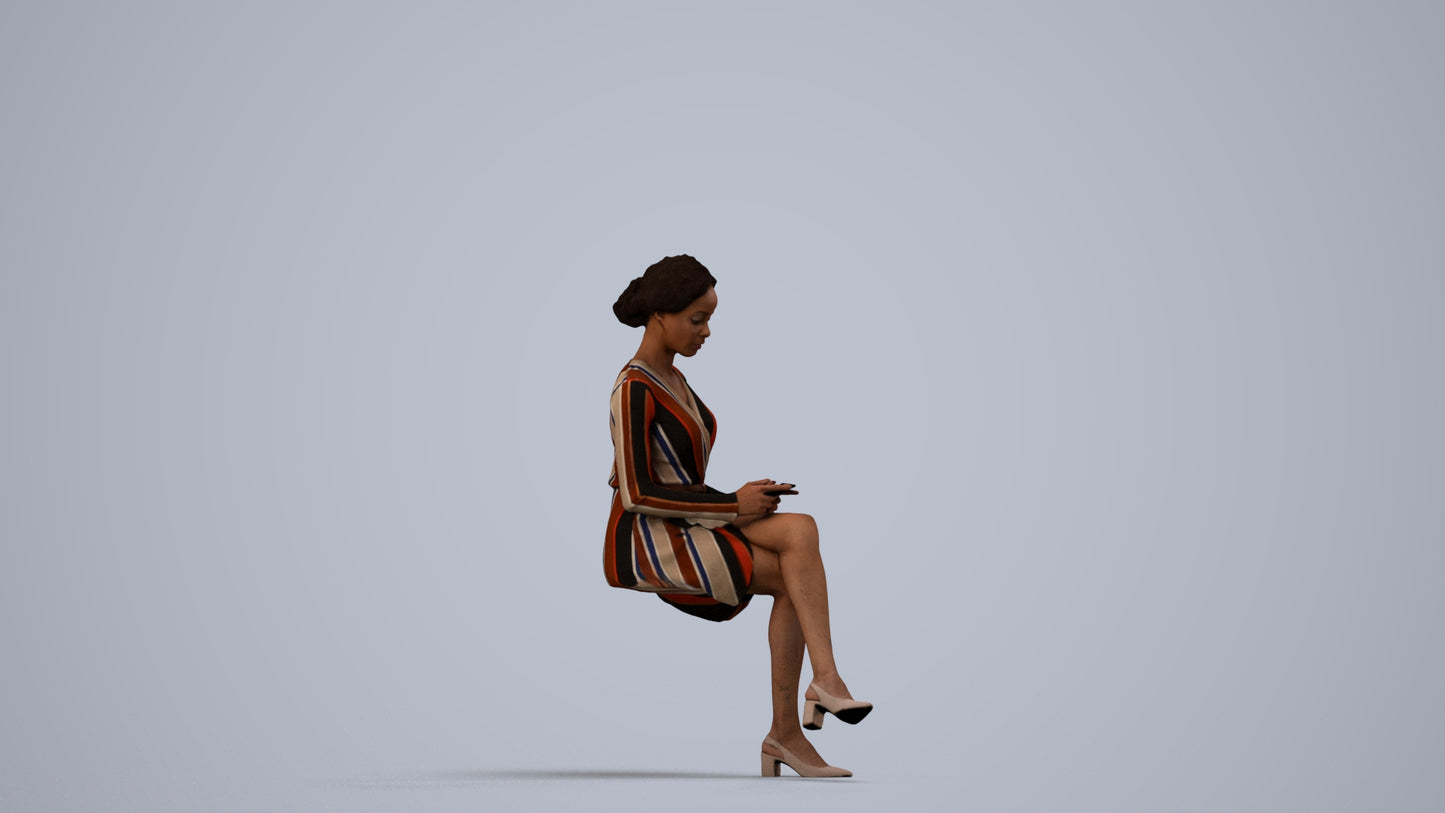 realistic 3D woman casual sitting, scanned archviz people for Blender and 3ds Max, side view render