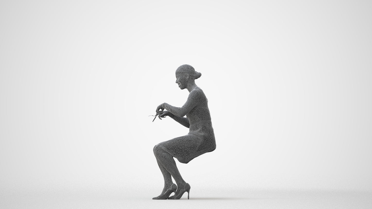 scanned 3D woman casual sitting, photogrammetry people for Enscape and V-Ray, square thumbnail