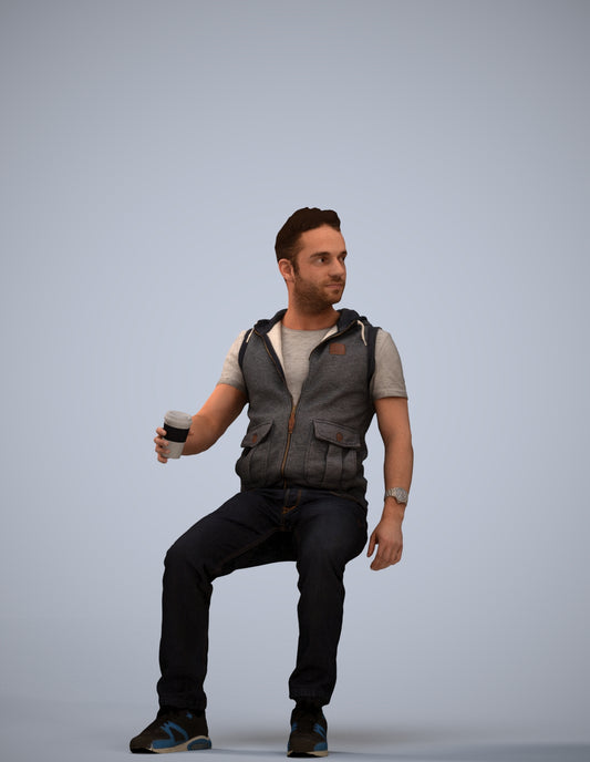 realistic 3D human man casual sitting, archviz people FBX OBJ for Blender