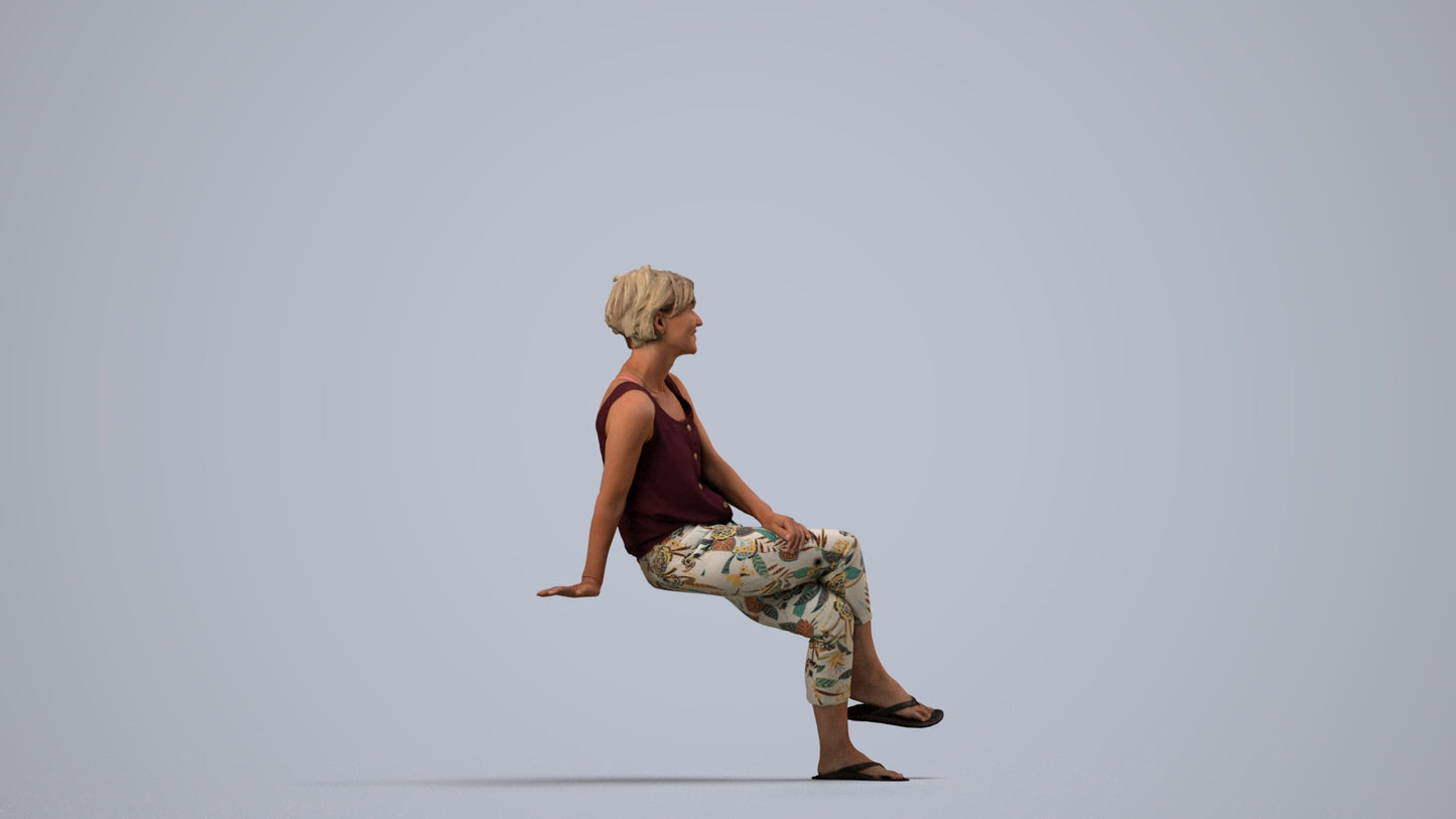 3D human model senior woman sitting, photogrammetry scanned person for archviz, side view render