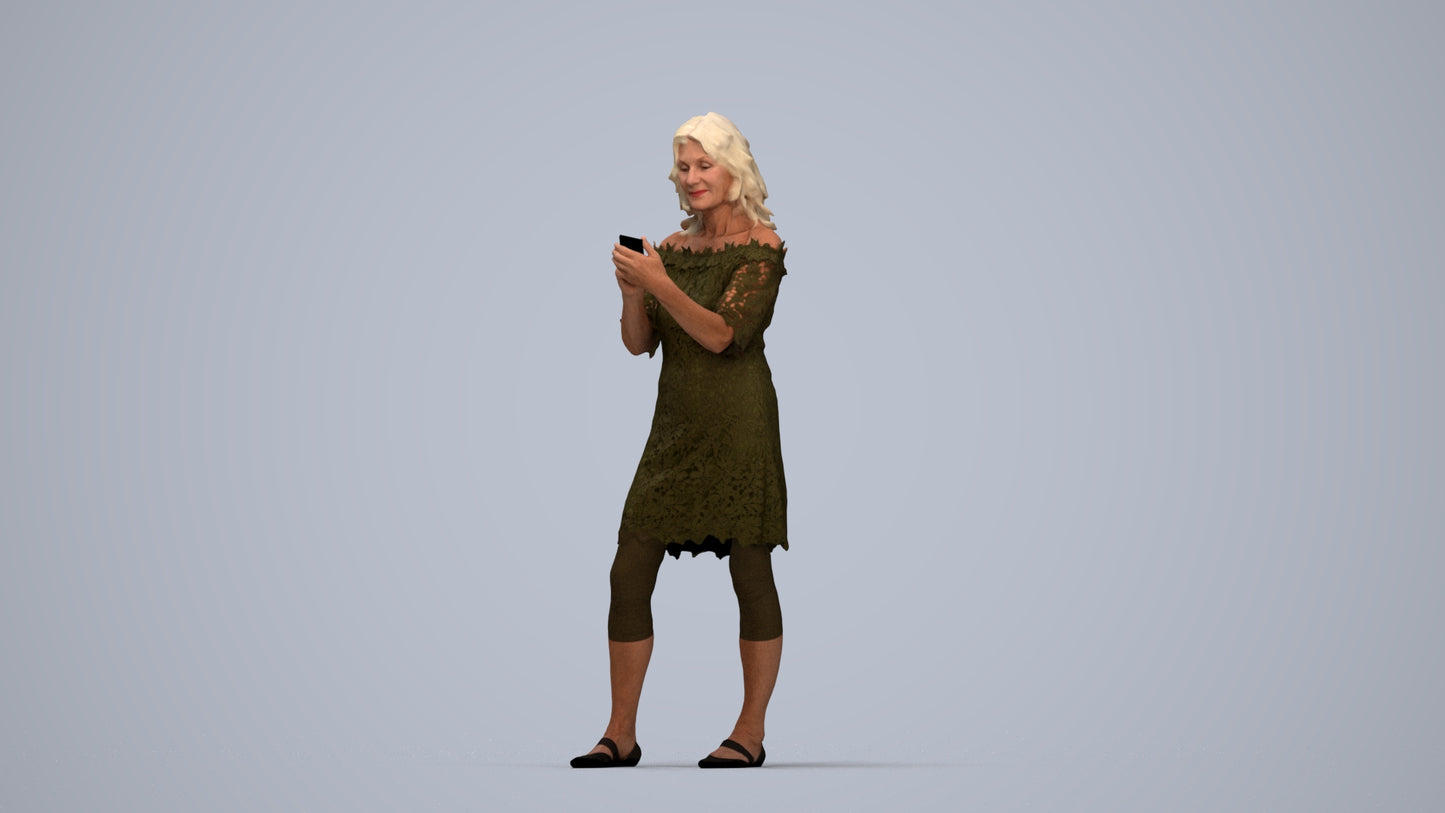 realistic 3D senior woman casual standing, scanned archviz people for Blender and 3ds Max, top-down view render