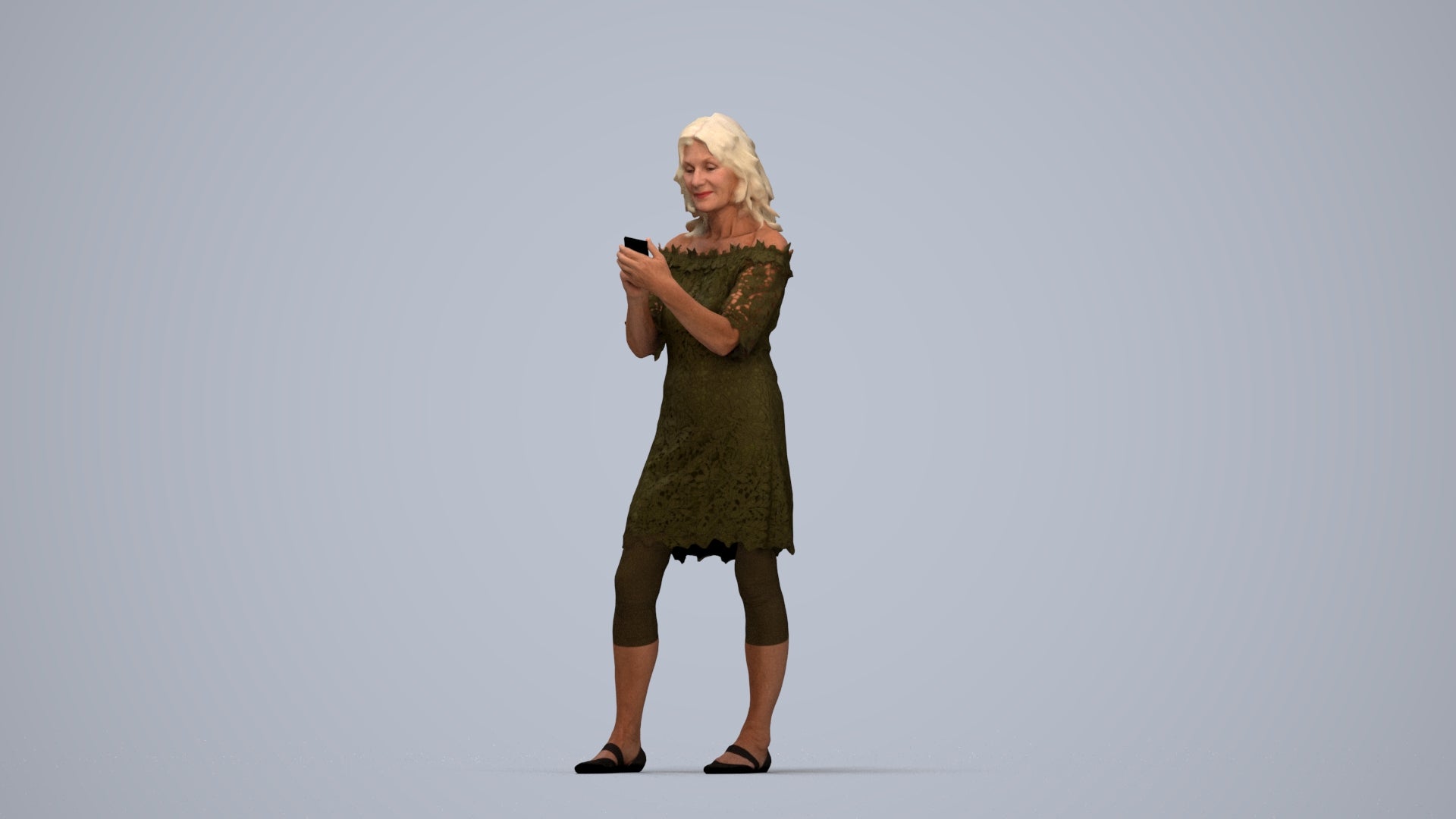 realistic 3D senior woman casual standing, scanned archviz people for Blender and 3ds Max, top-down view render
