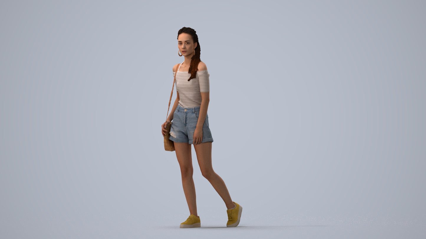 realistic 3D human woman casual walking, archviz people FBX OBJ for Blender, three-quarter view render