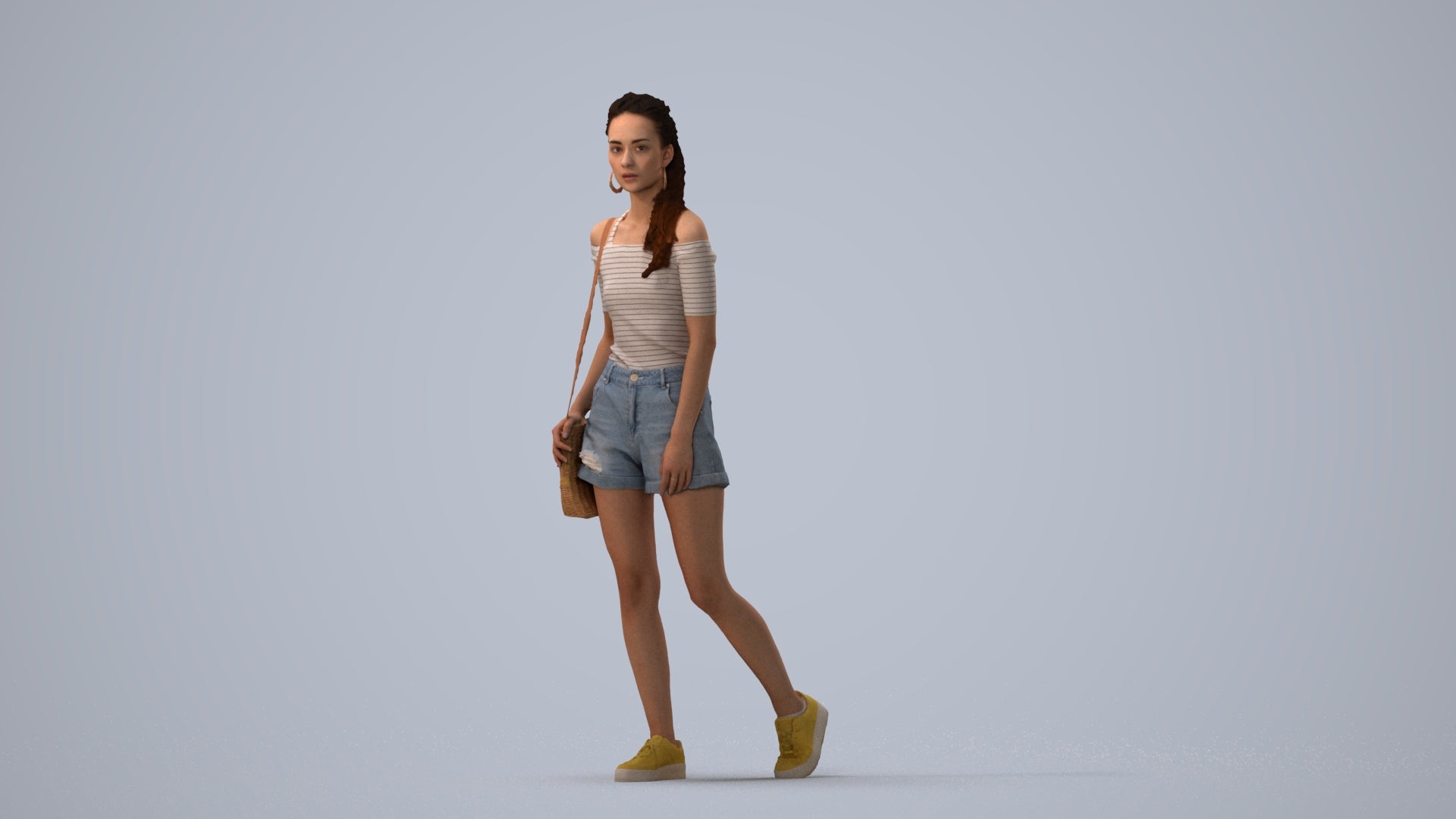 realistic 3D human woman casual walking, archviz people FBX OBJ for Blender, three-quarter view render