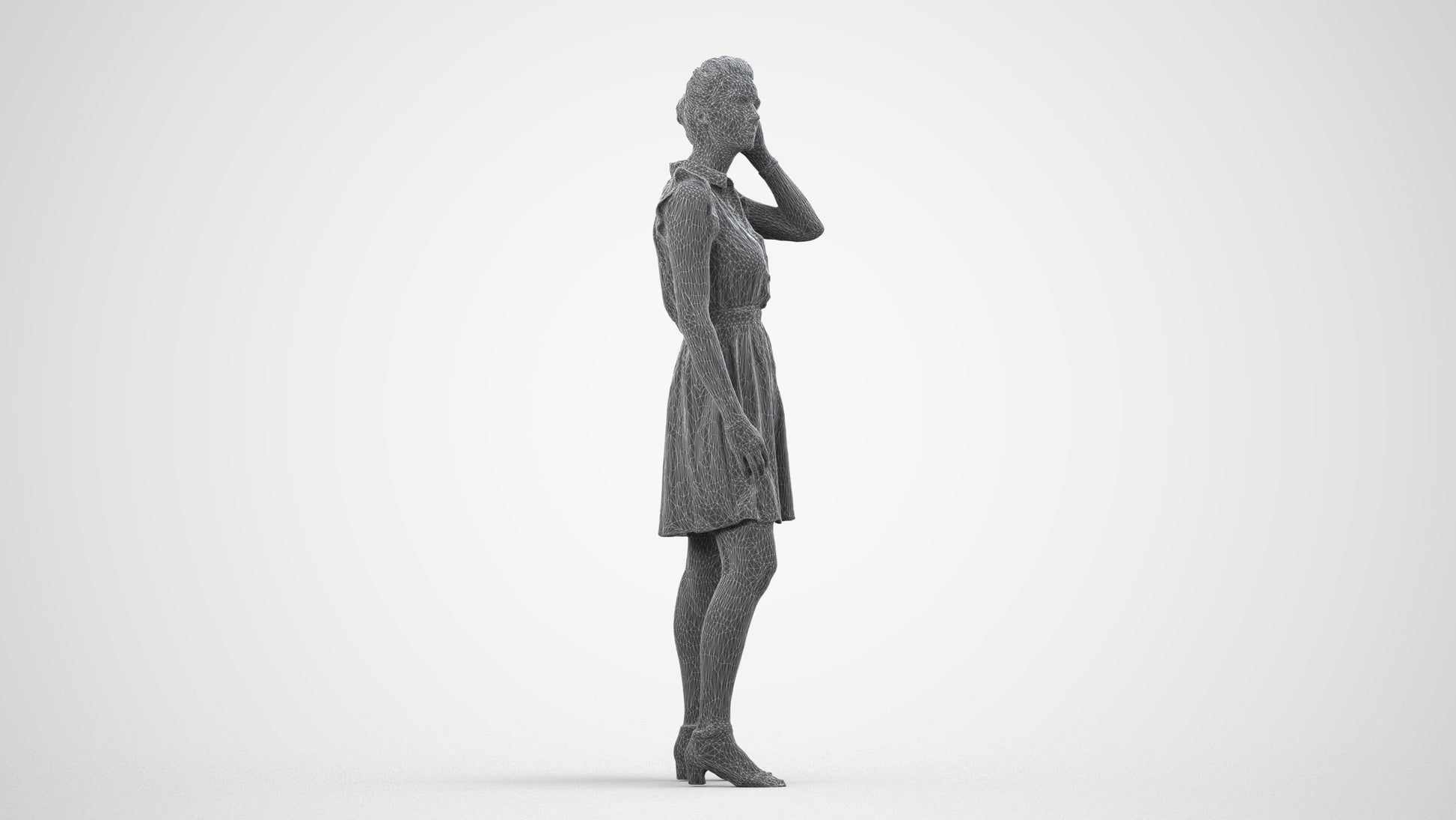 realistic 3D human woman casual standing, archviz people FBX OBJ for Blender, wireframe side view