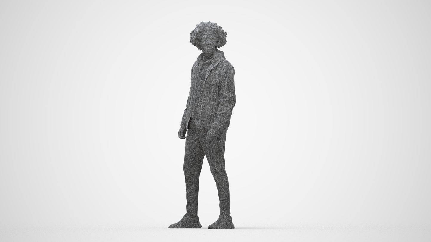 3D human model man casual standing, photogrammetry scanned person for archviz, wireframe back view