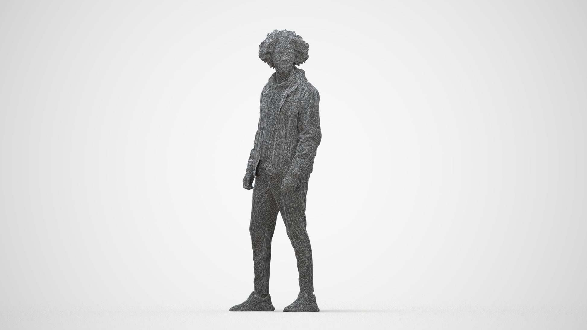 3D human model man casual standing, photogrammetry scanned person for archviz, wireframe back view