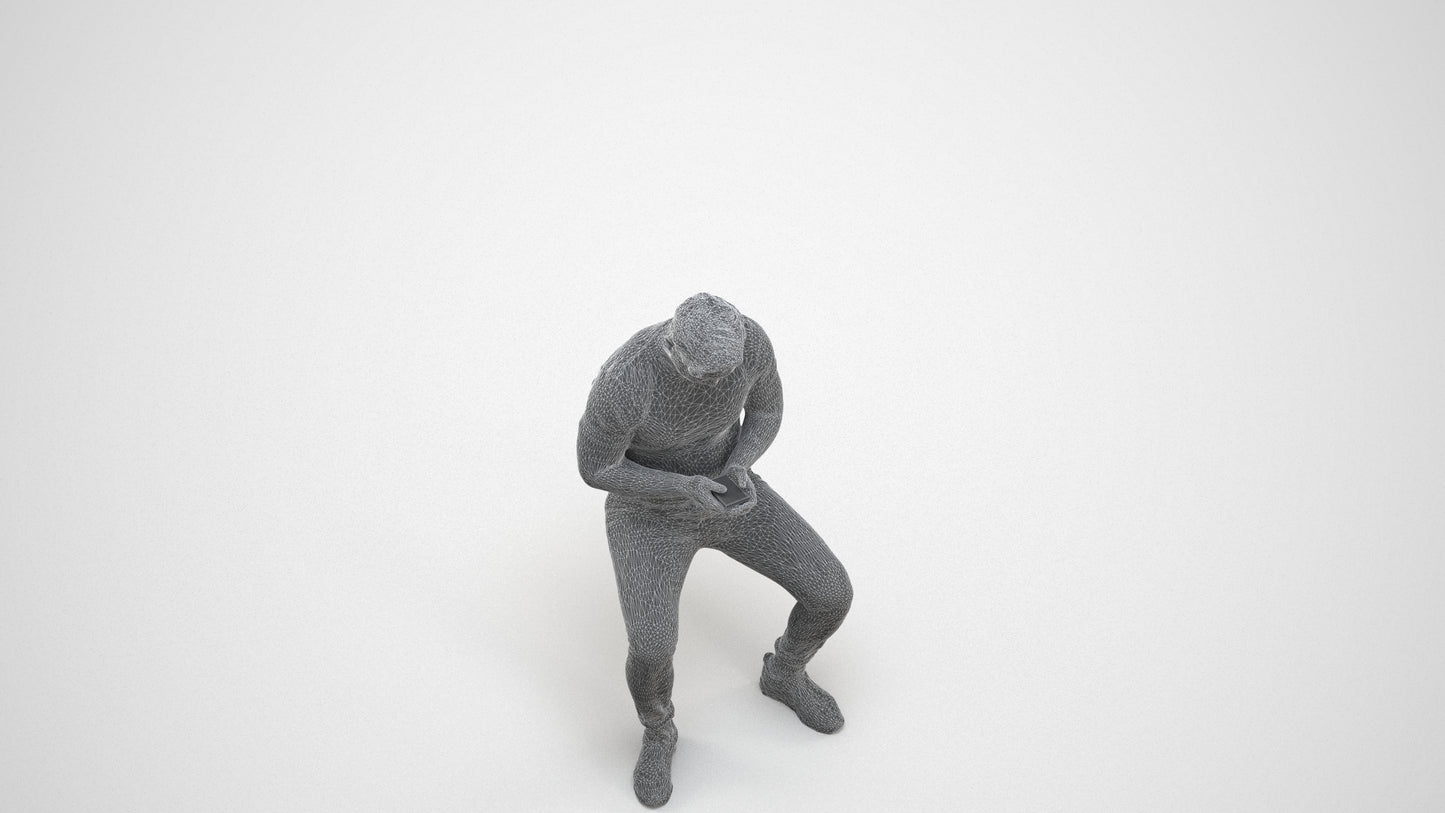 3D scanned man sitting casual, photorealistic archviz people for Enscape and SketchUp, wireframe three-quarter view