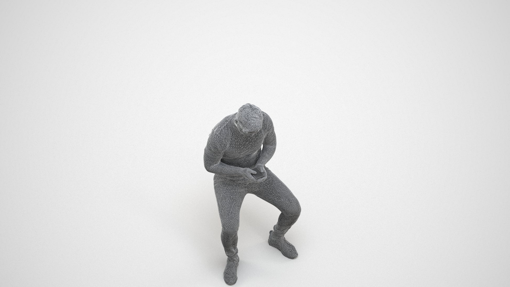 3D scanned man sitting casual, photorealistic archviz people for Enscape and SketchUp, wireframe three-quarter view