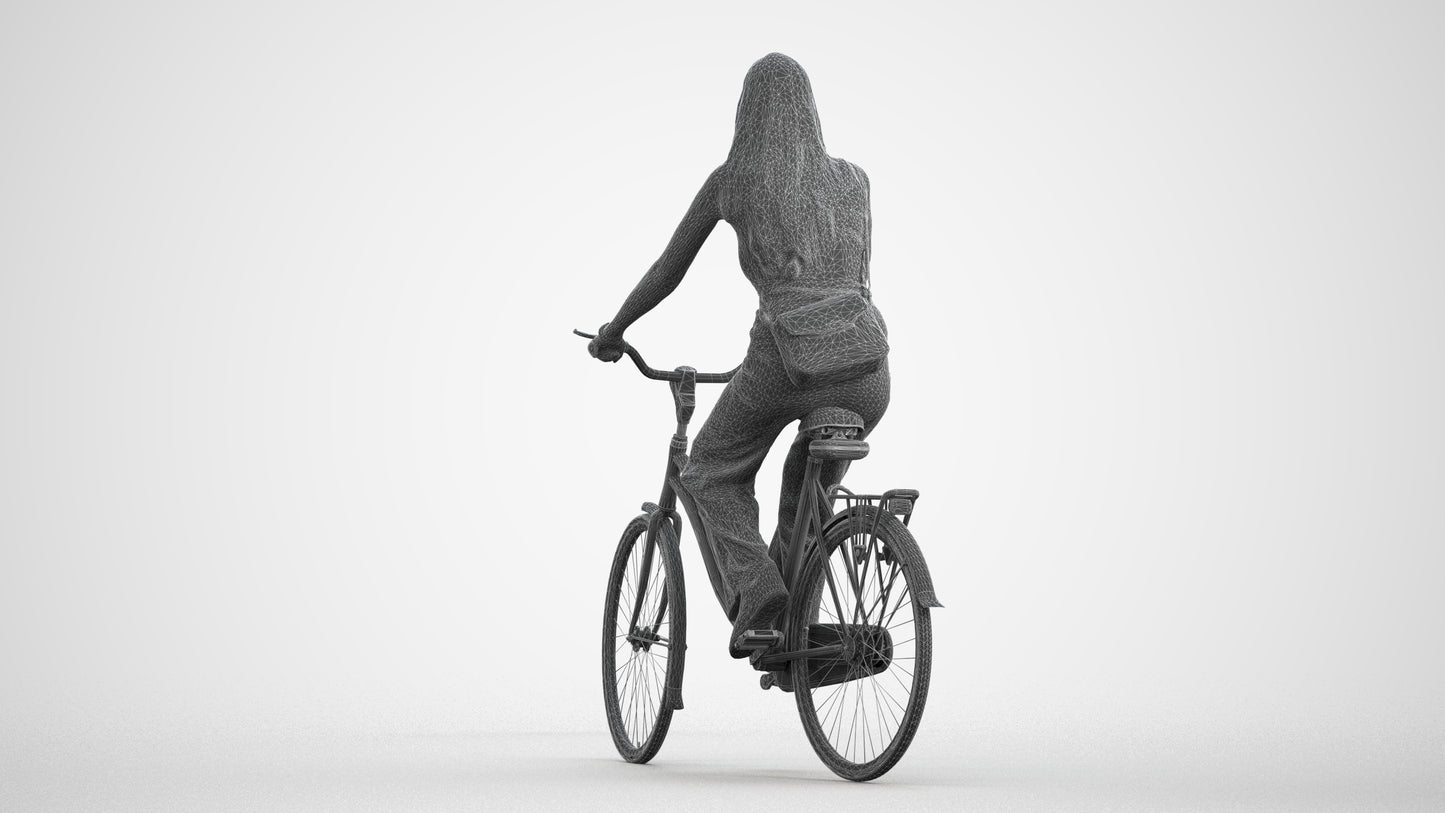 realistic 3D people woman casual cycling, render-ready for V-Ray and Corona, FBX OBJ, wireframe front view
