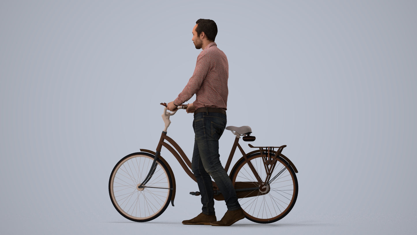scanned 3D man casual cycling, photogrammetry people for Enscape and V-Ray, three-quarter view render