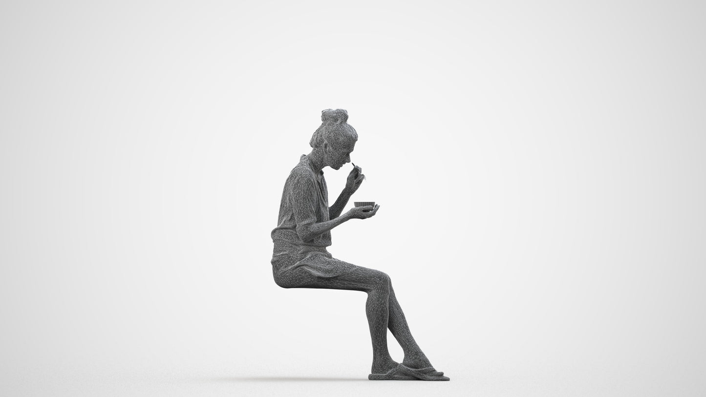 3D people model woman casual sitting, scanned human for 3ds Max rendering, wireframe side view