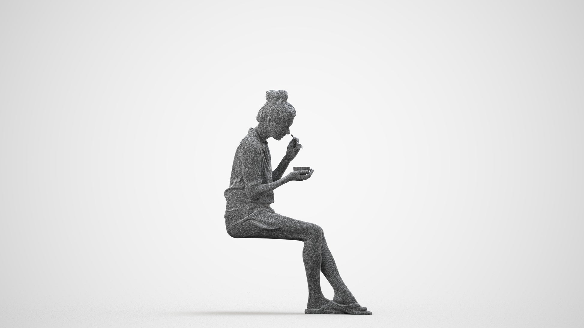 3D people model woman casual sitting, scanned human for 3ds Max rendering, wireframe side view