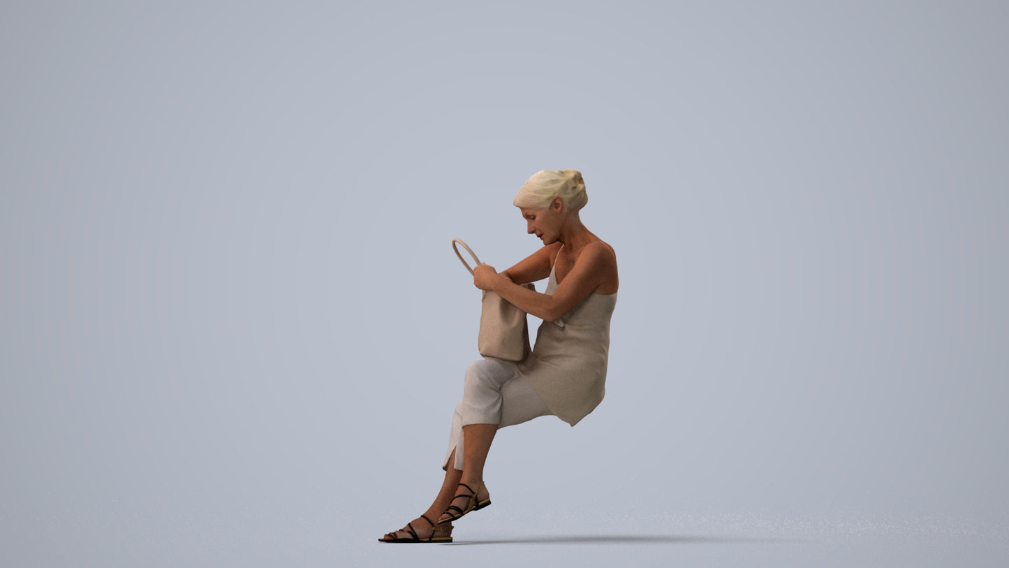3D scanned senior woman sitting casual, photorealistic archviz people for Enscape and SketchUp, three-quarter view render