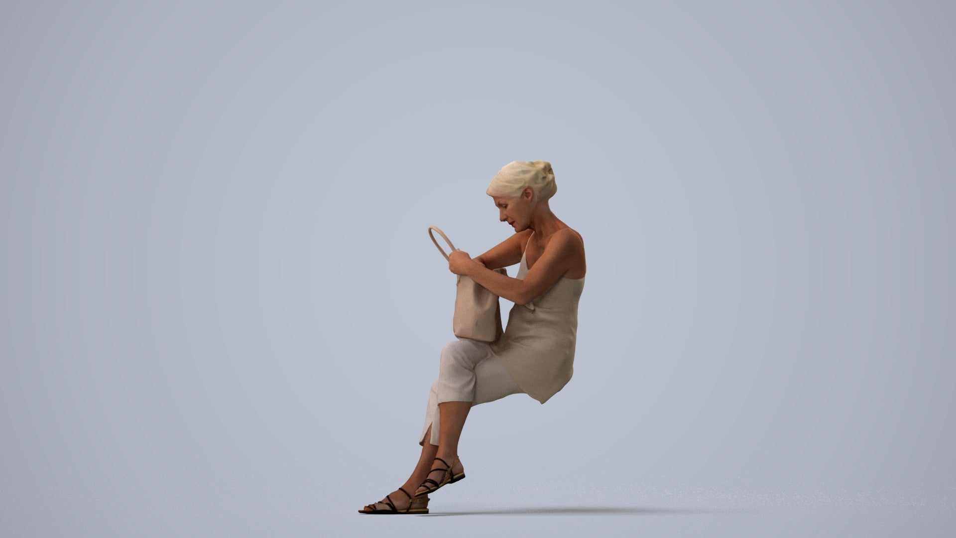 3D scanned senior woman sitting casual, photorealistic archviz people for Enscape and SketchUp, three-quarter view render