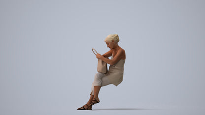 3D scanned senior woman sitting casual, photorealistic archviz people for Enscape and SketchUp, three-quarter view render