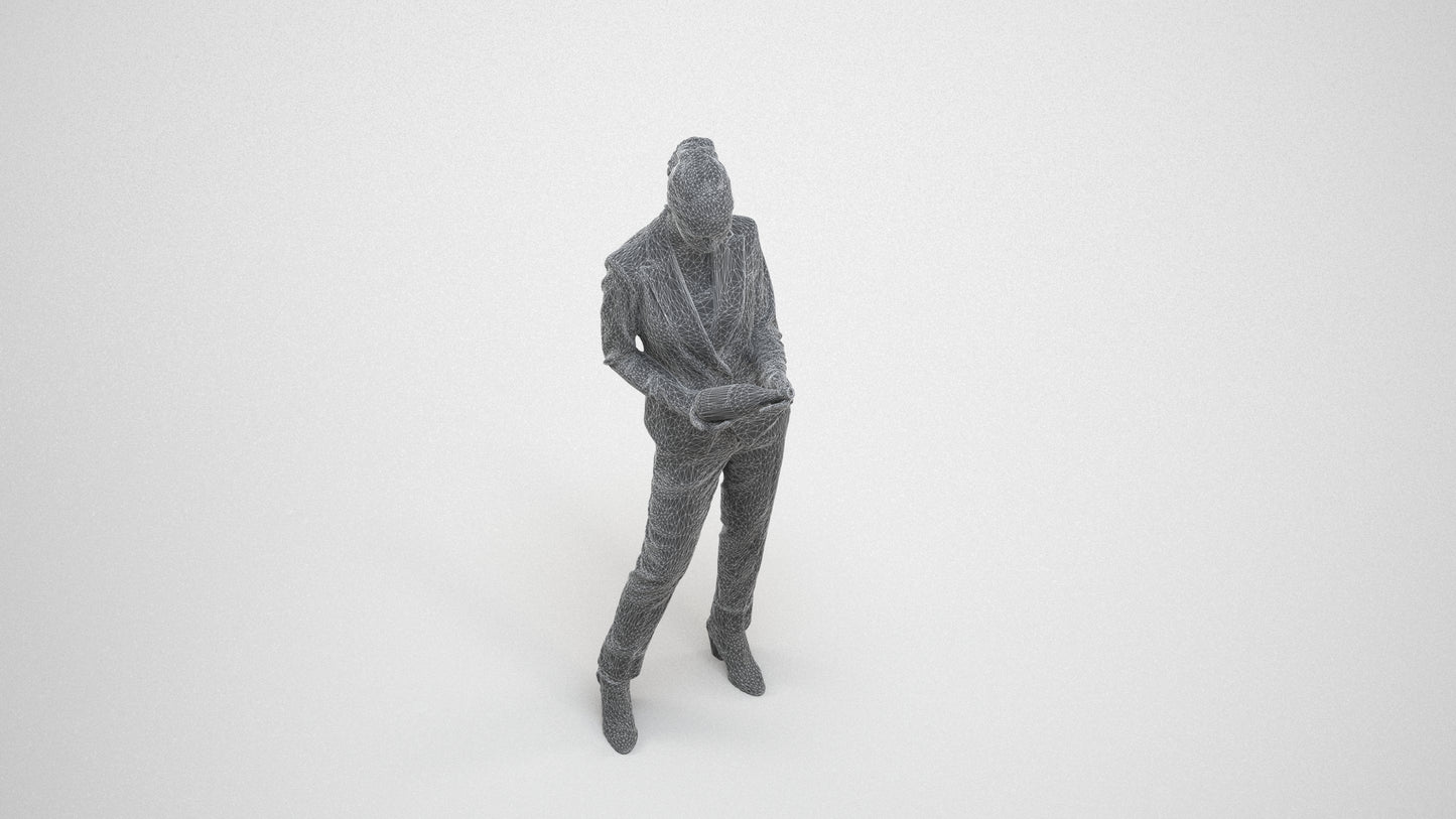 realistic 3D human woman business standing, archviz people FBX OBJ for Blender, wireframe three-quarter view