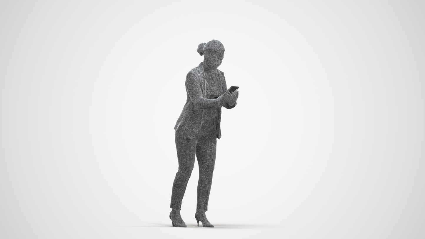 realistic 3D human woman business standing, archviz people FBX OBJ for Blender, three-quarter front view render