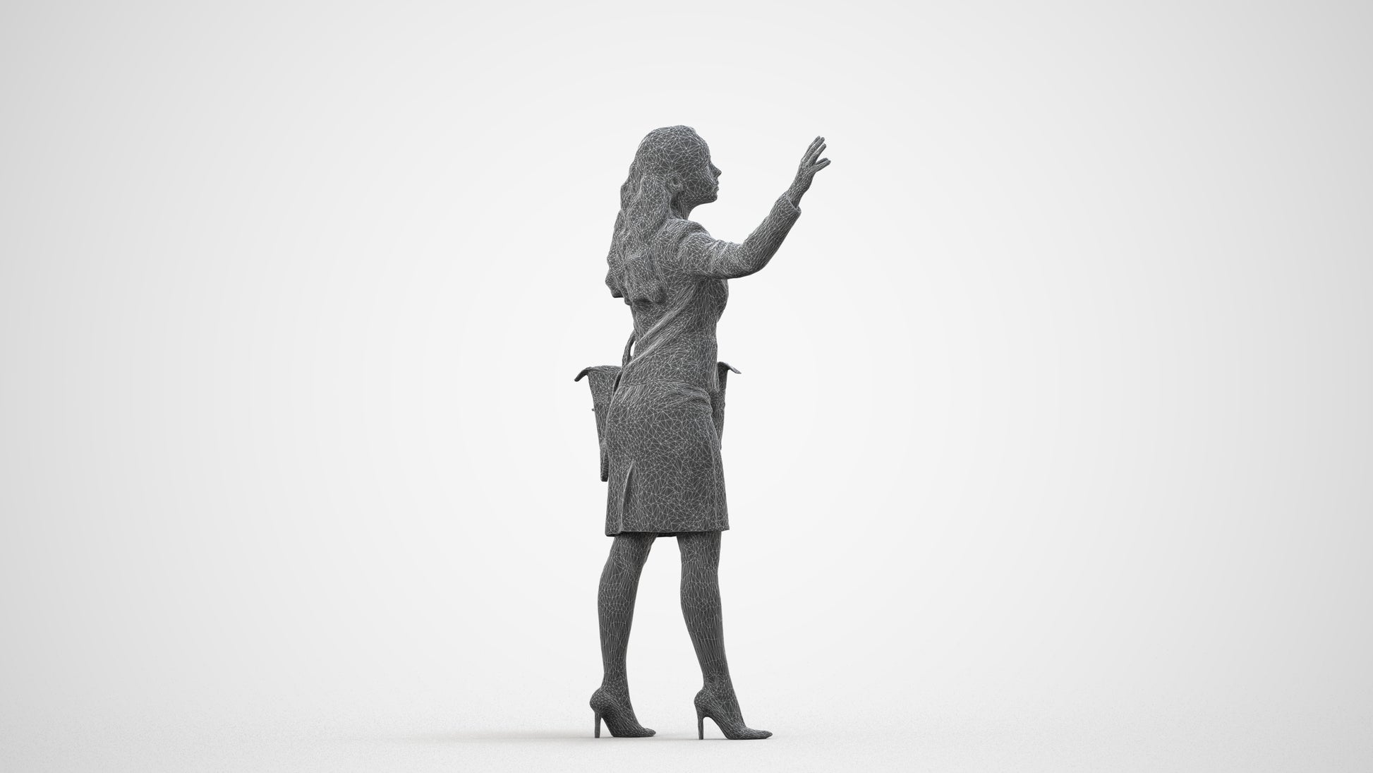 3D human model woman business standing, photogrammetry scanned person for archviz, wireframe side view