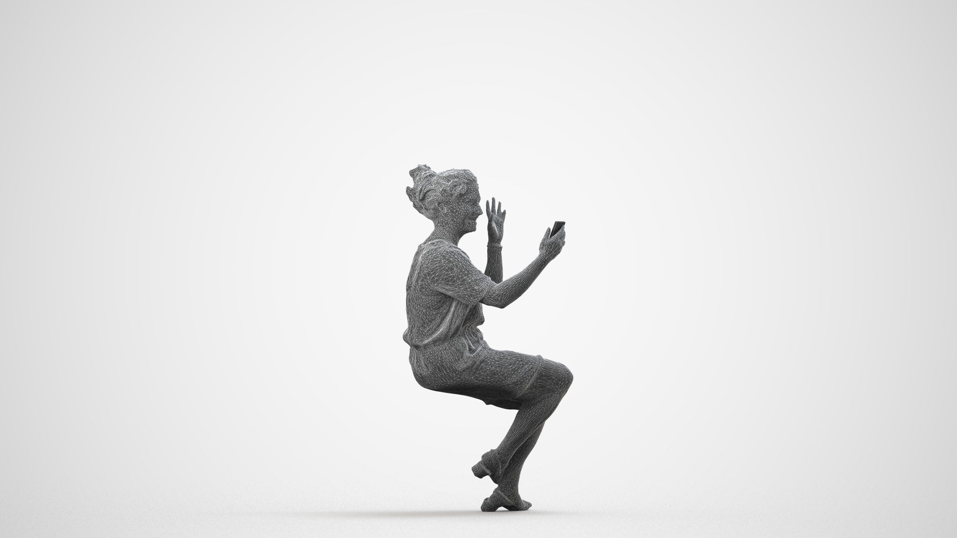 3D scanned woman sitting casual, photorealistic archviz people for Enscape and SketchUp, wireframe side view