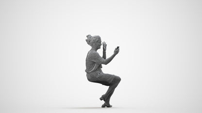 3D scanned woman sitting casual, photorealistic archviz people for Enscape and SketchUp, wireframe side view