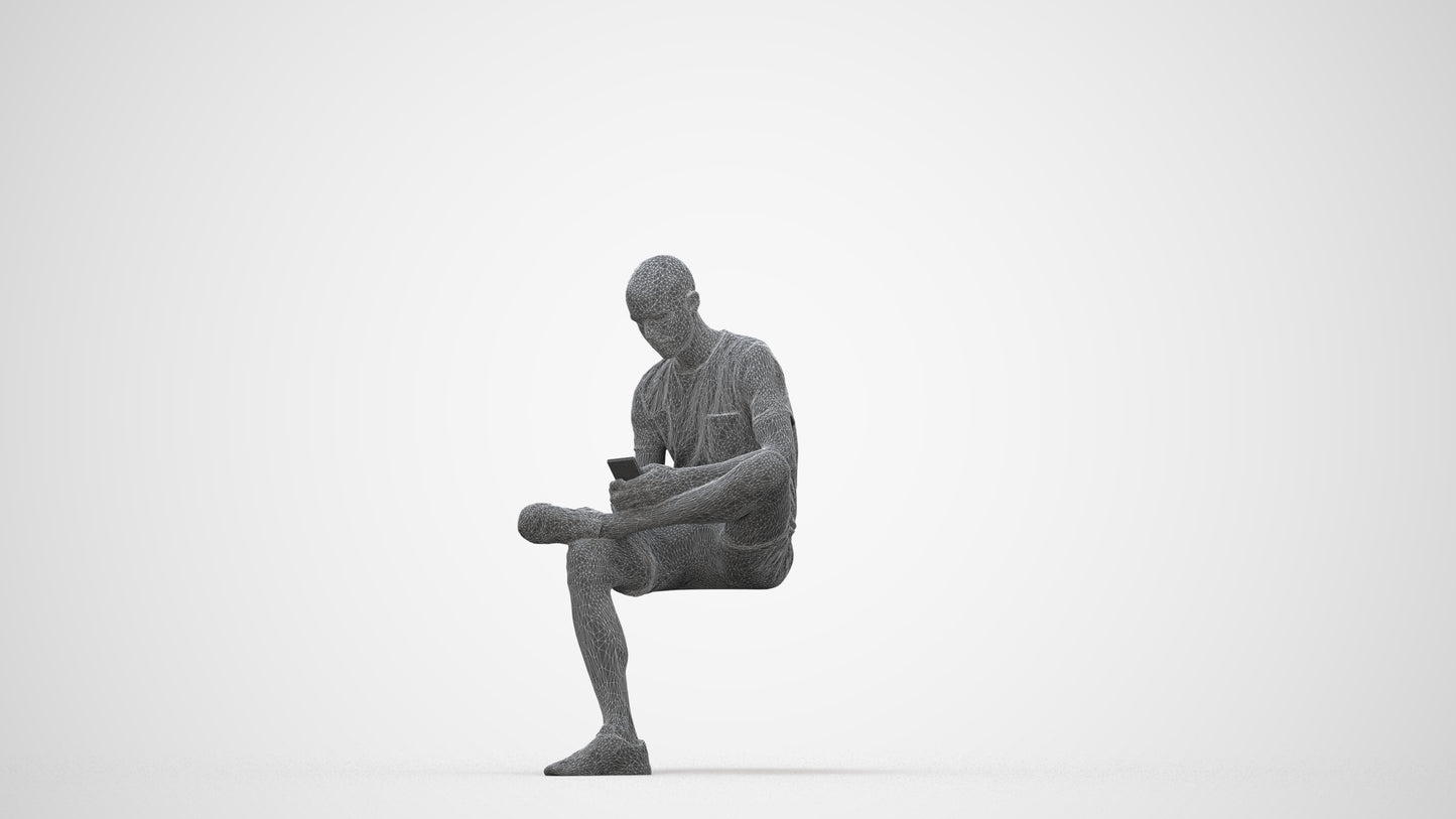3D scanned man sitting casual, photorealistic archviz people for Enscape and SketchUp, wireframe back view