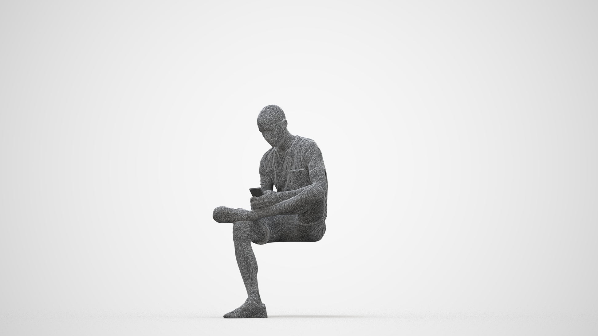 3D scanned man sitting casual, photorealistic archviz people for Enscape and SketchUp, wireframe back view