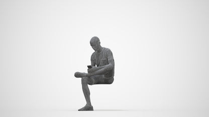 3D scanned man sitting casual, photorealistic archviz people for Enscape and SketchUp, wireframe back view