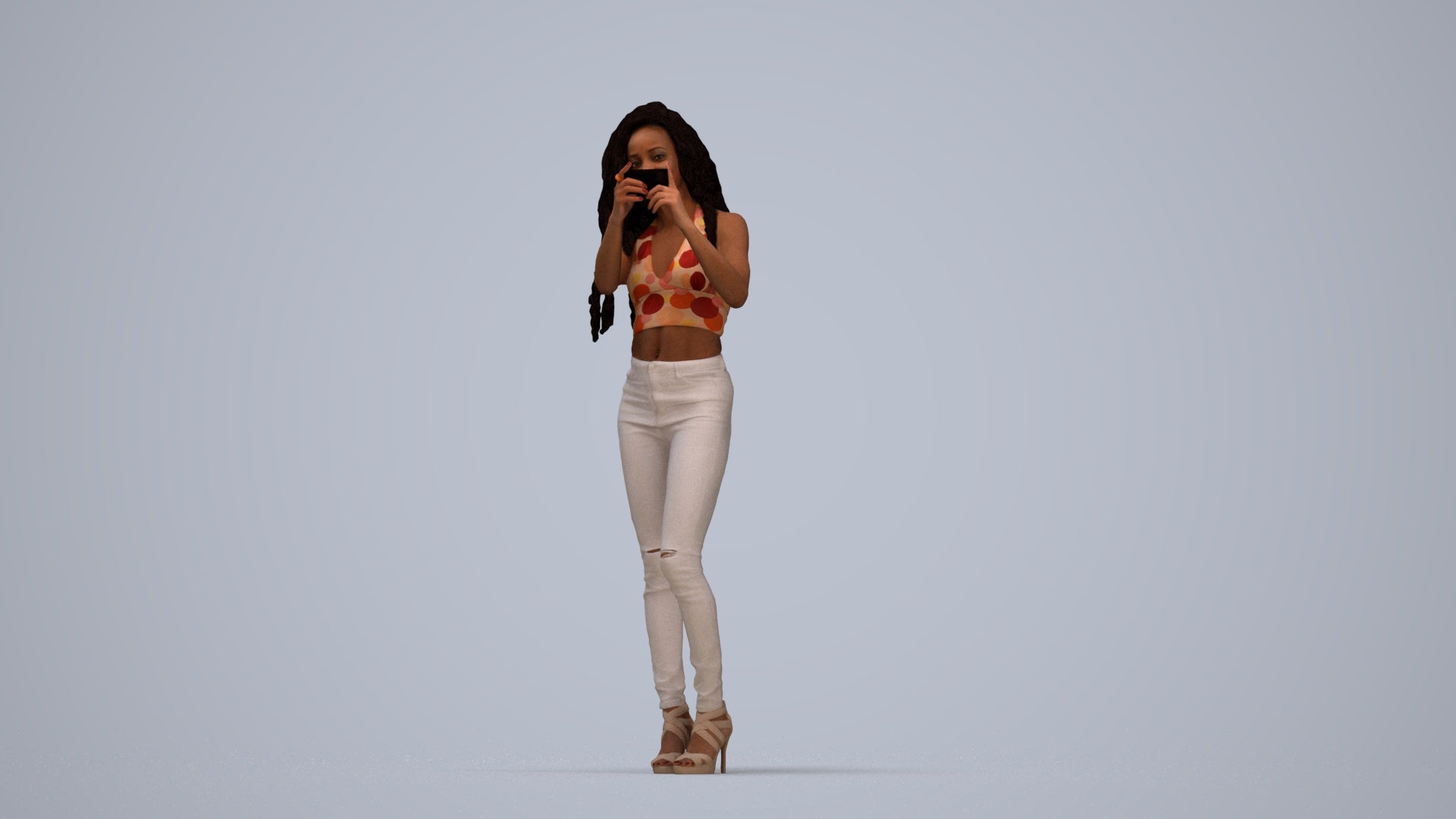 realistic 3D woman casual standing, scanned archviz people for Blender and 3ds Max, top-down view render