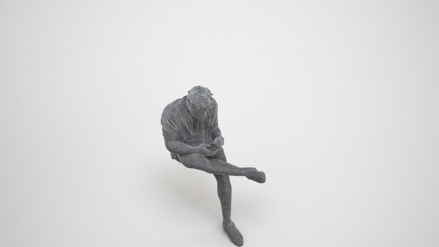 realistic 3D people man casual sitting, render-ready for V-Ray and Corona, FBX OBJ, wireframe three-quarter view