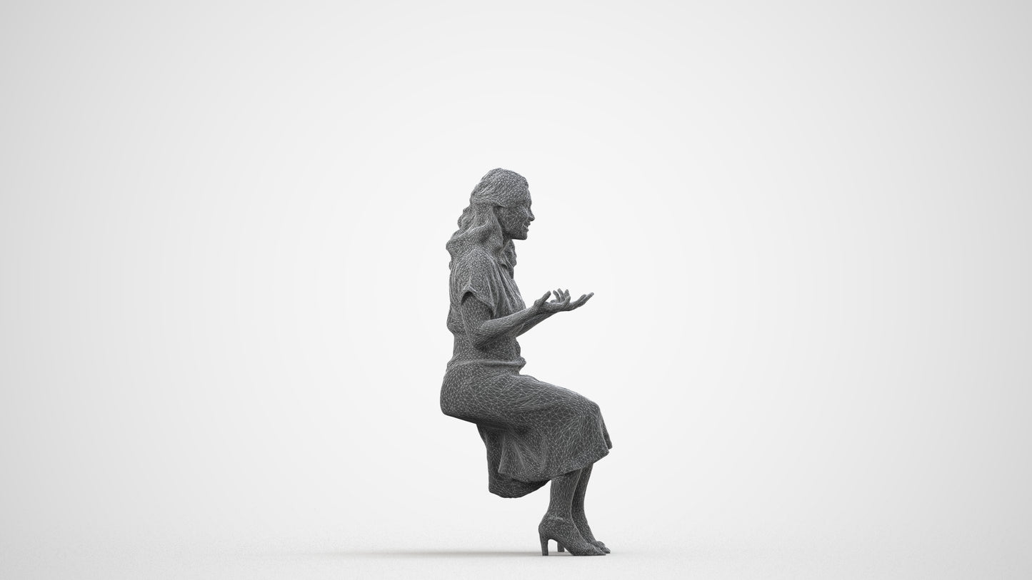 3D human model woman casual sitting, photogrammetry scanned person for archviz, wireframe side view