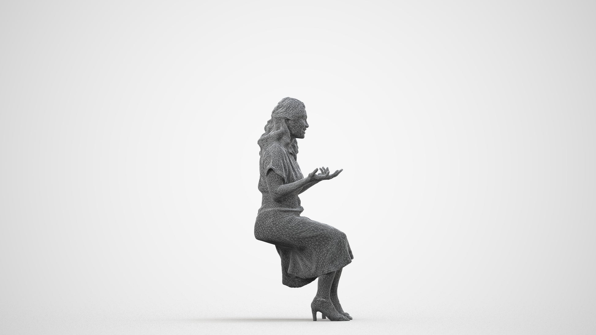 3D human model woman casual sitting, photogrammetry scanned person for archviz, wireframe side view