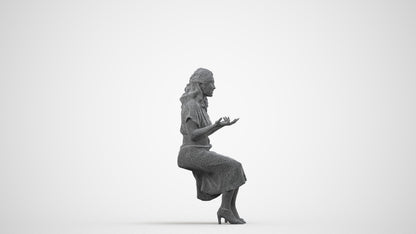 3D human model woman casual sitting, photogrammetry scanned person for archviz, wireframe side view