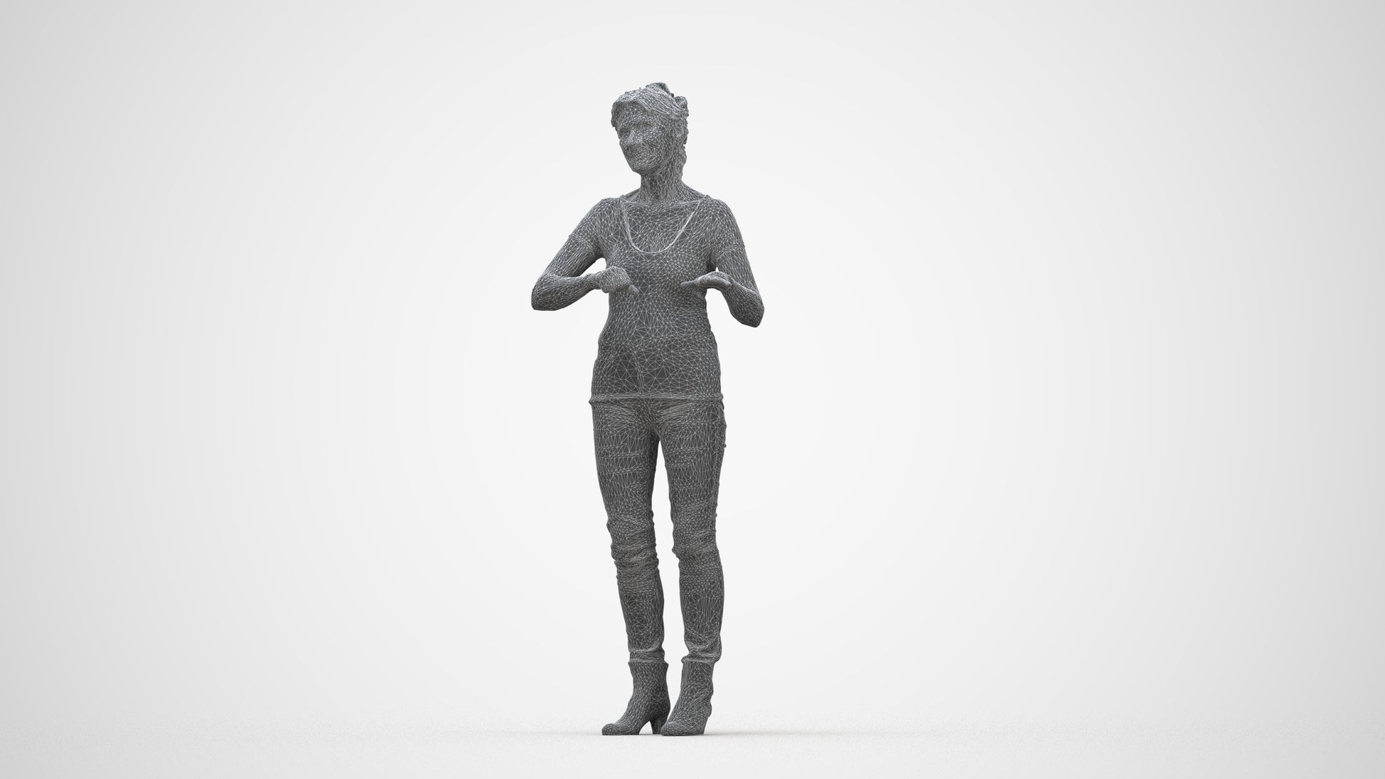 3D scanned senior woman standing casual, photorealistic archviz people for Enscape and SketchUp, wireframe back view